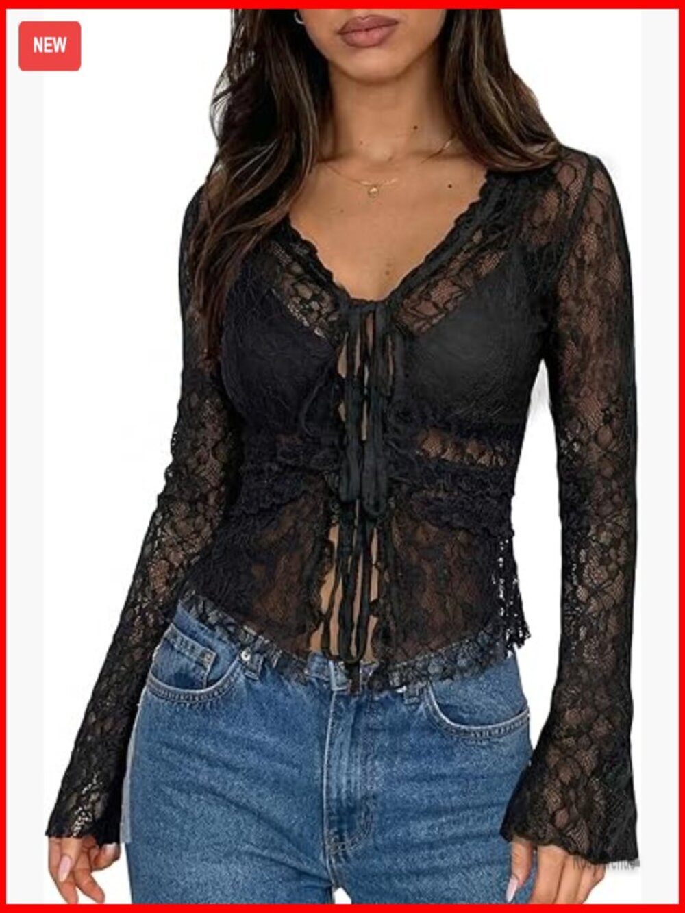 Women's Bell Sleeve Lace Mesh Sheer Ruffled Hem Tie Front V Neck Blouse Top